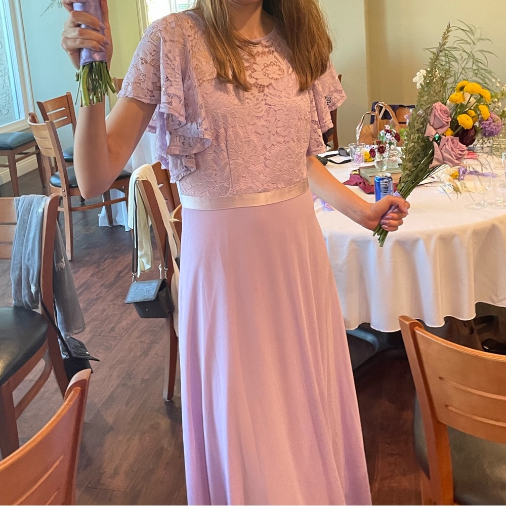 Long, lavender gown with lace. Makes a great bridesmaids dress/prom dress.